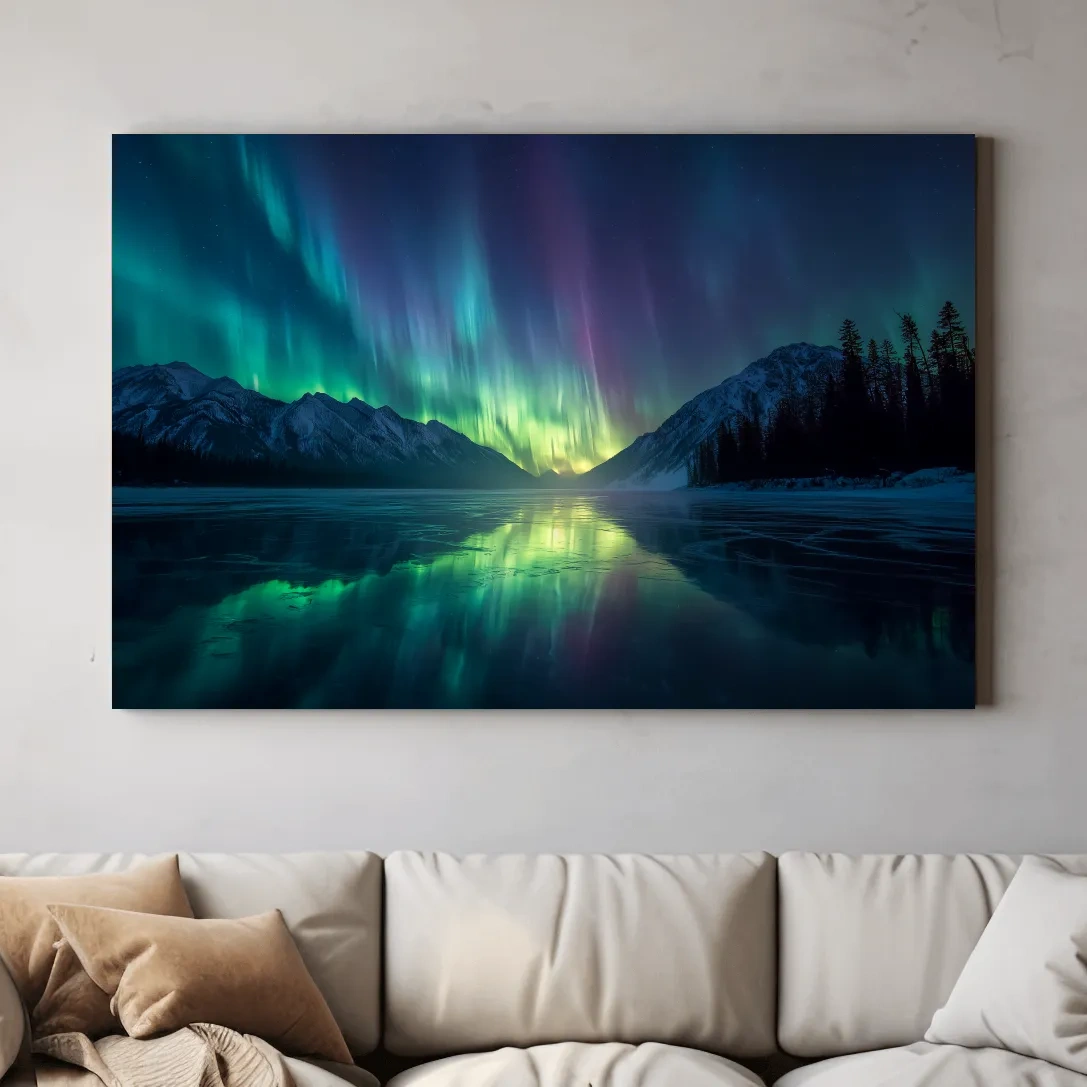 Vibrant Northern Lights Over Icy Mountain Lake - Aurora Borealis Wall Art