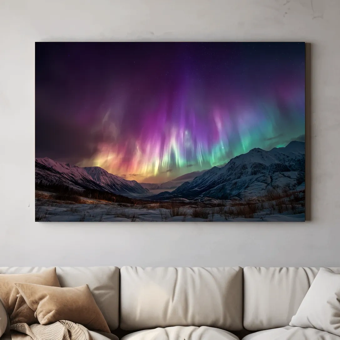 Vibrant Aurora Borealis Over Snowy Mountains - Northern Lights Night Sky Wall Art