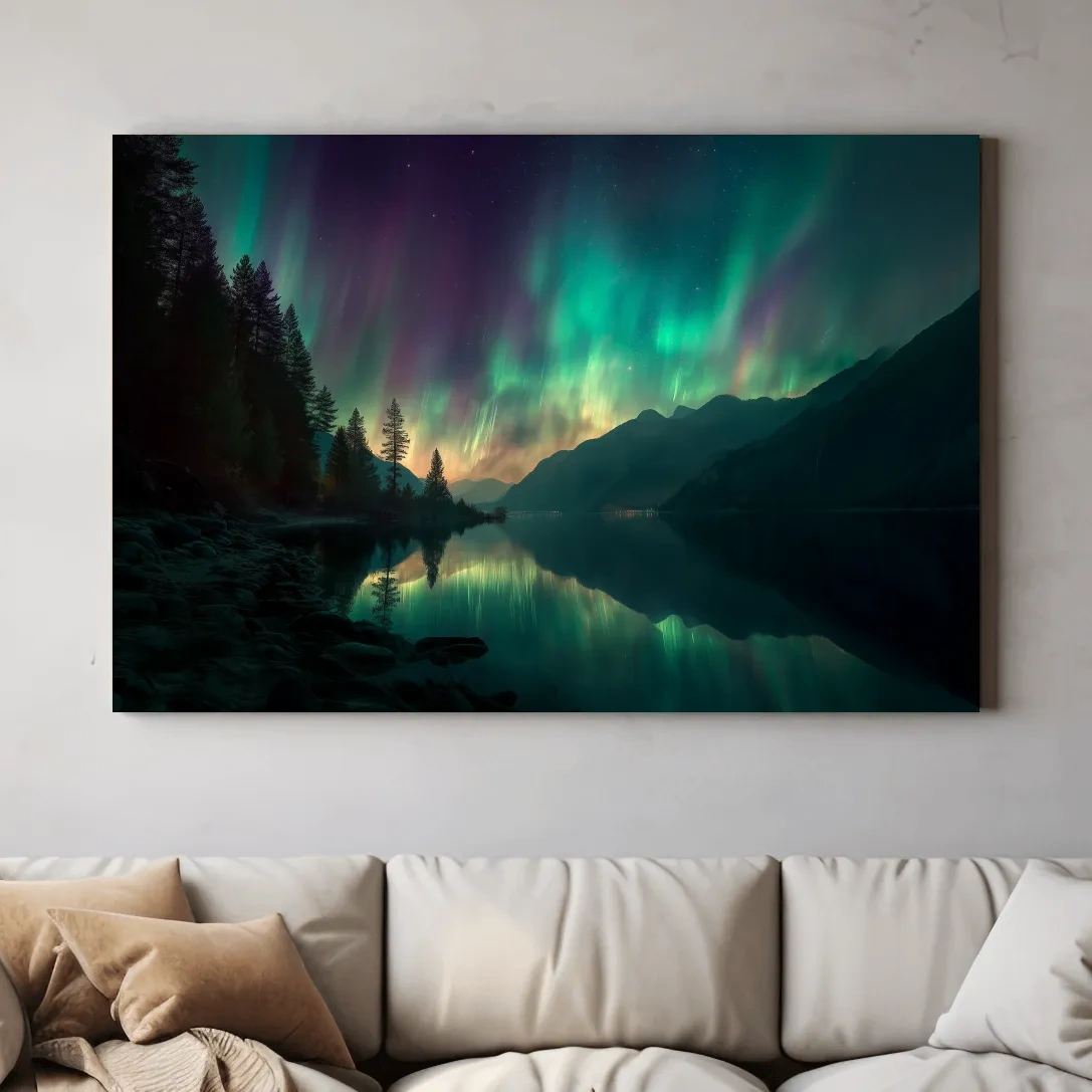 Vibrant Northern Lights Lake Reflection - Aurora Borealis Mountain Wall Art