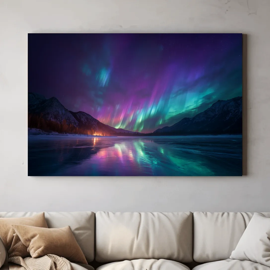 Vibrant Aurora Borealis Over Frozen Lake - Northern Lights Mountain Wall Art
