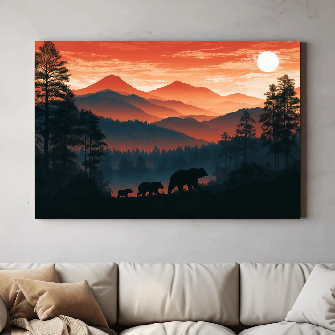 Mountain Sunset Bear Family Silhouettes - Wilderness Landscape Artwork