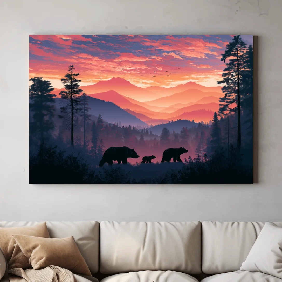 Moody Sunset Mountain Bear Family Silhouettes - Wildlife Wall Art