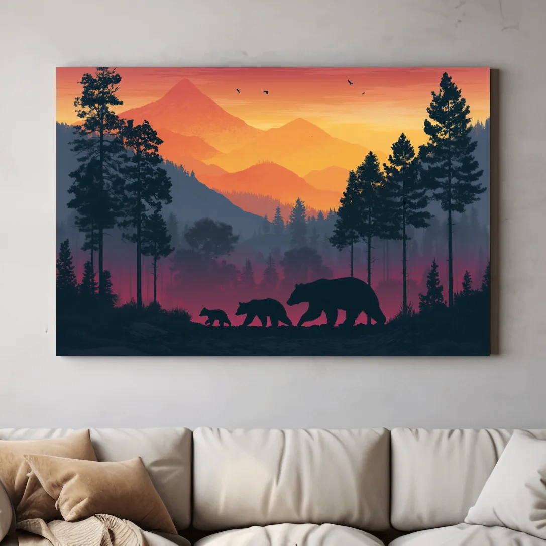 Sunset Momma Bear & Cubs Silhouette - Forest Wildlife Wall Art