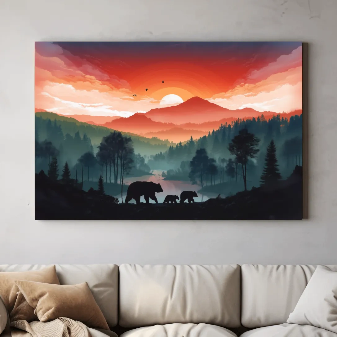 Sunset Bear Family Silhouette Landscape - Misty Mountain Forest Wall Art