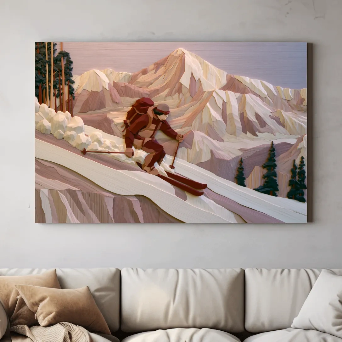 Geometric Backcountry Skier In Alpine Peaks - Winter Mountain Adventure Wall Art