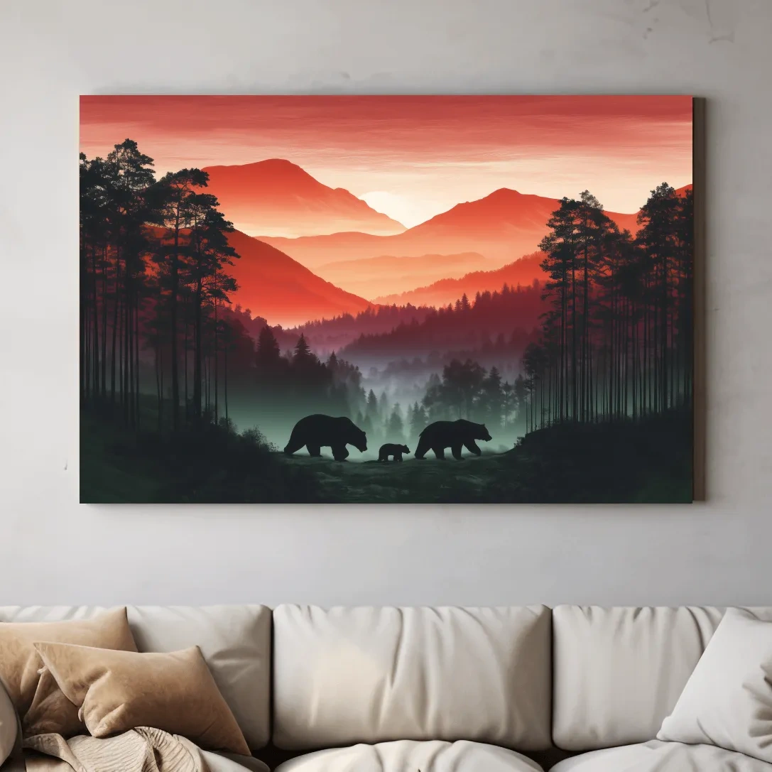 Moody Sunset Mountain Bear Family Silhouettes - Misty Forest Wildlife Wall Art