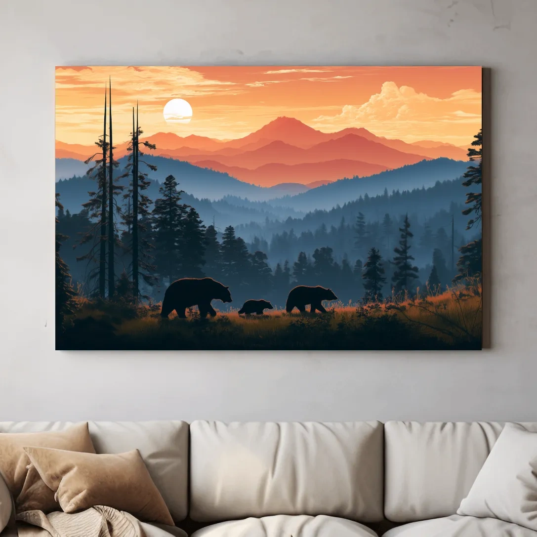 Bear Family Silhouettes - Mountain Sunset Wildlife Wall Art