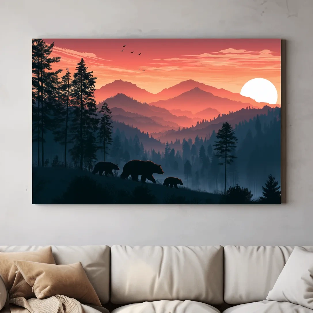 Bear Family Silhouette Mountain Sunset - Wildlife Landscape Wall Art