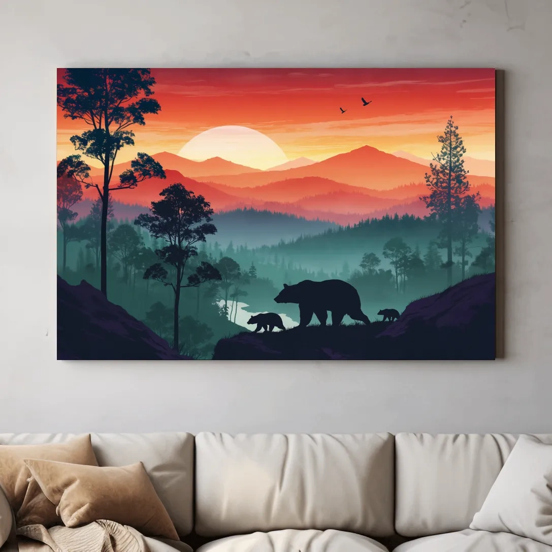 Sunset Mama Bear & Cubs Silhouette - Misty Forest Landscape Artwork
