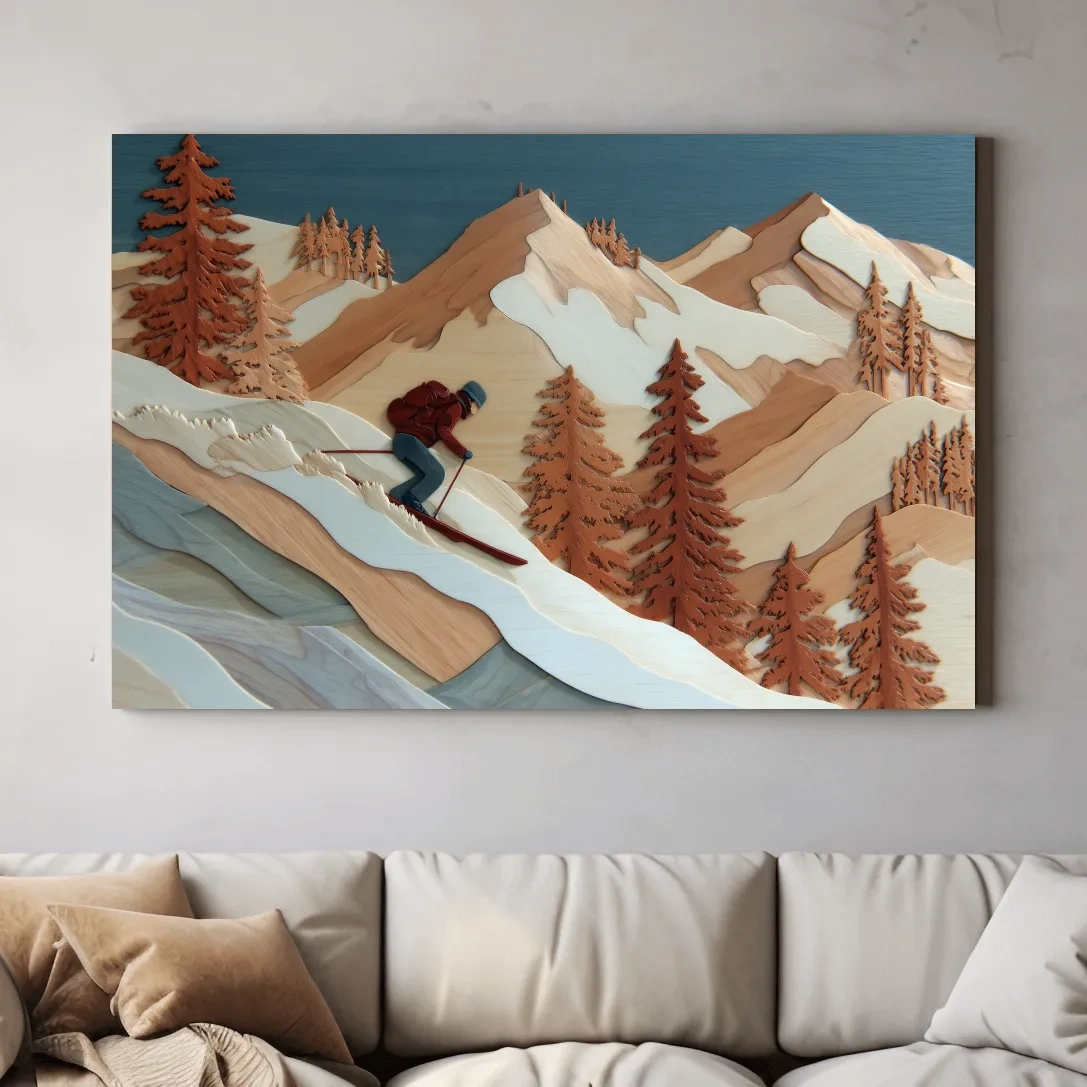 Wood Intarsia Style Skier Mountain Scene - Winter Alpine Wall Art
