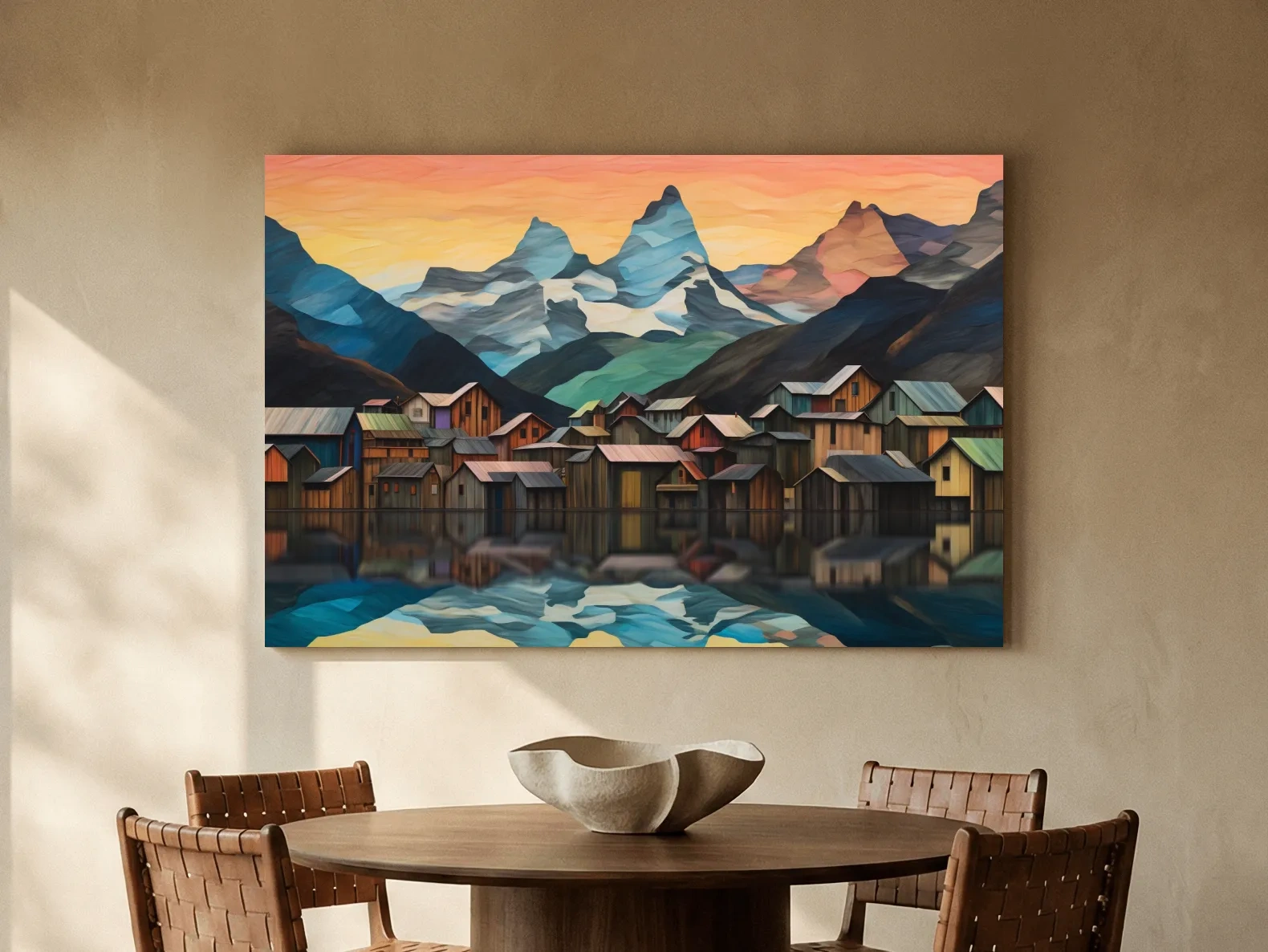 Alpine Mountain Village Reflections - Colorful Paper Cut Style Wall Art