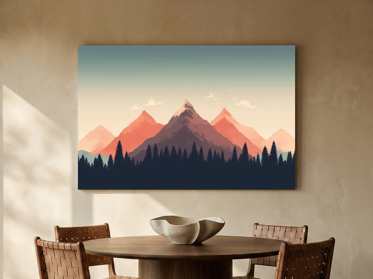 Minimalist Alpine Mountain Sunrise Artwork - Modern Scandinavian Forest Wall Art