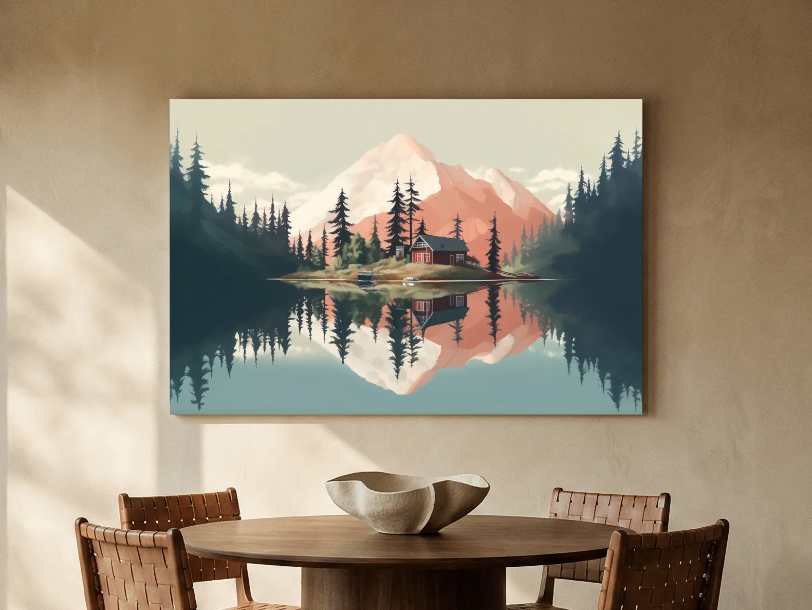 Serene Alpine Lake Cabin Artwork - Minimalist Mountain Landscape Wall Art