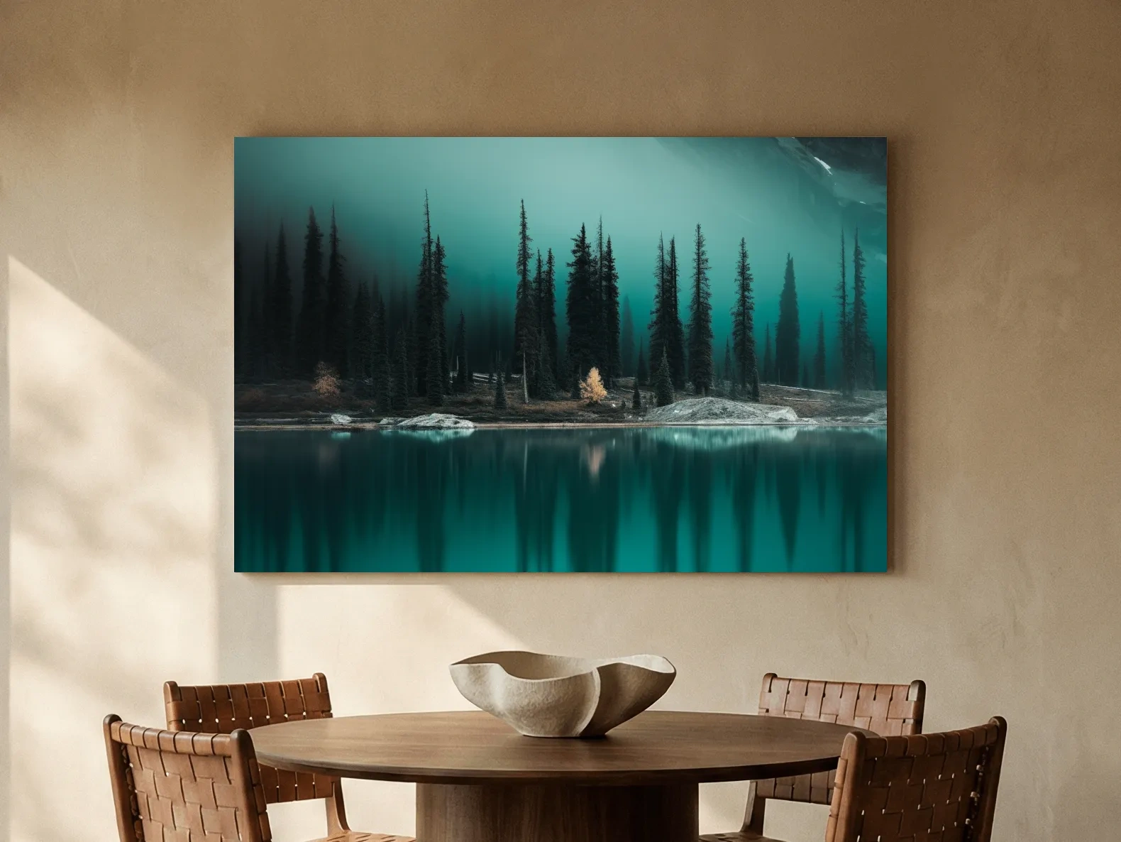 Misty Pine Forest Turquoise Alpine Lake - Serene Mountain Landscape Wall Art