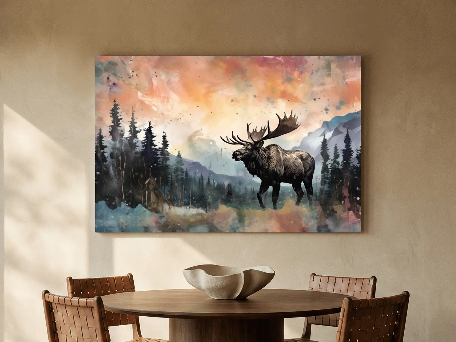 Watercolor Moose In Misty Mountain Forest - Rustic Wildlife Wall Art