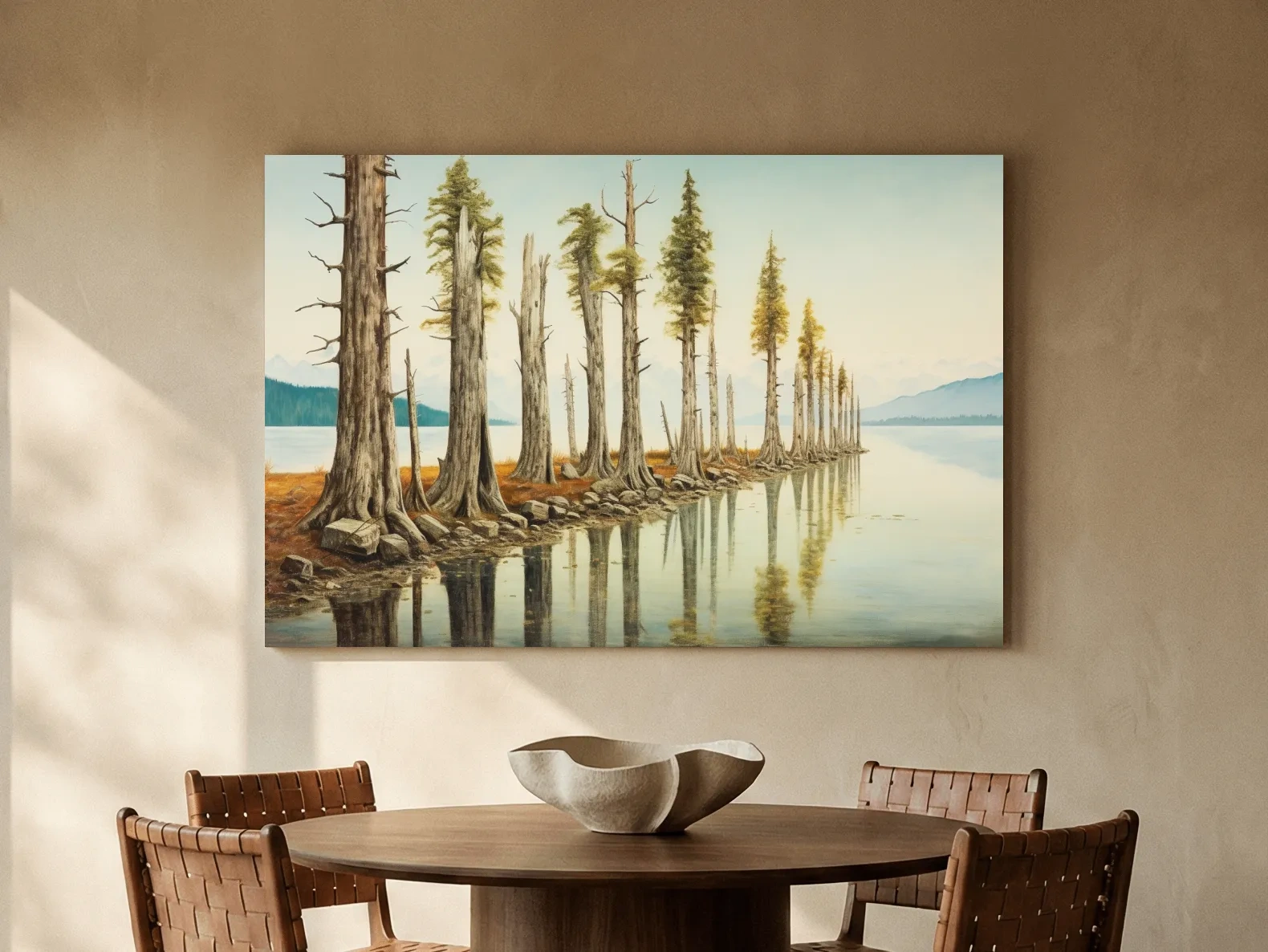 Serene Lakeside Pine Forest Reflections - Watercolor Landscape Wall Art