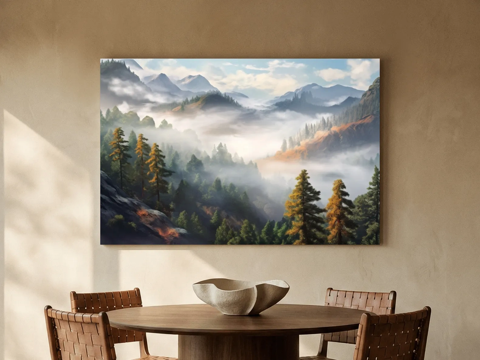 Painting of fog rolling through the trees and mountains