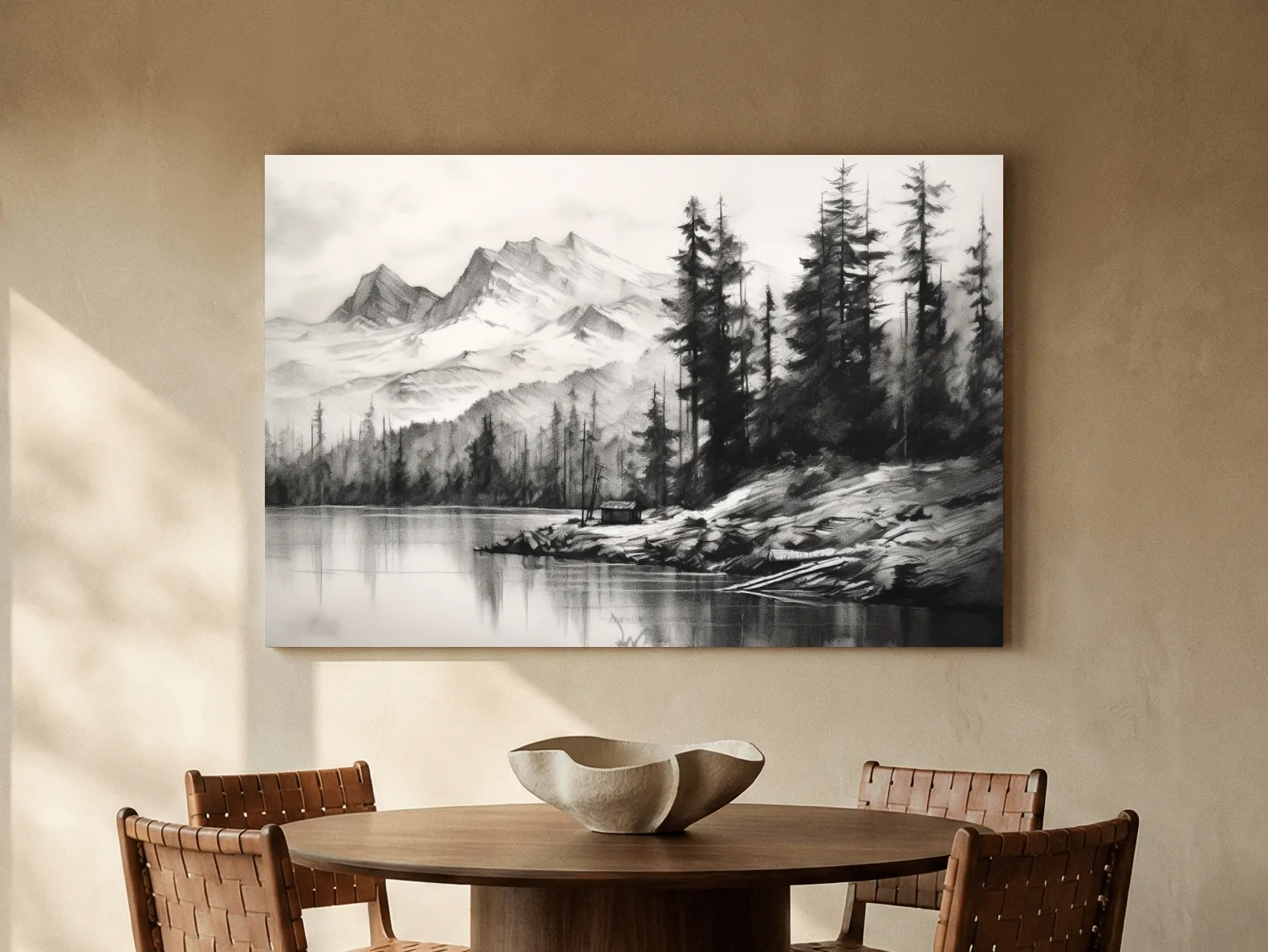 Monochrome Mountain Lake Charcoal Sketch - Pine Forest Landscape Wall Art