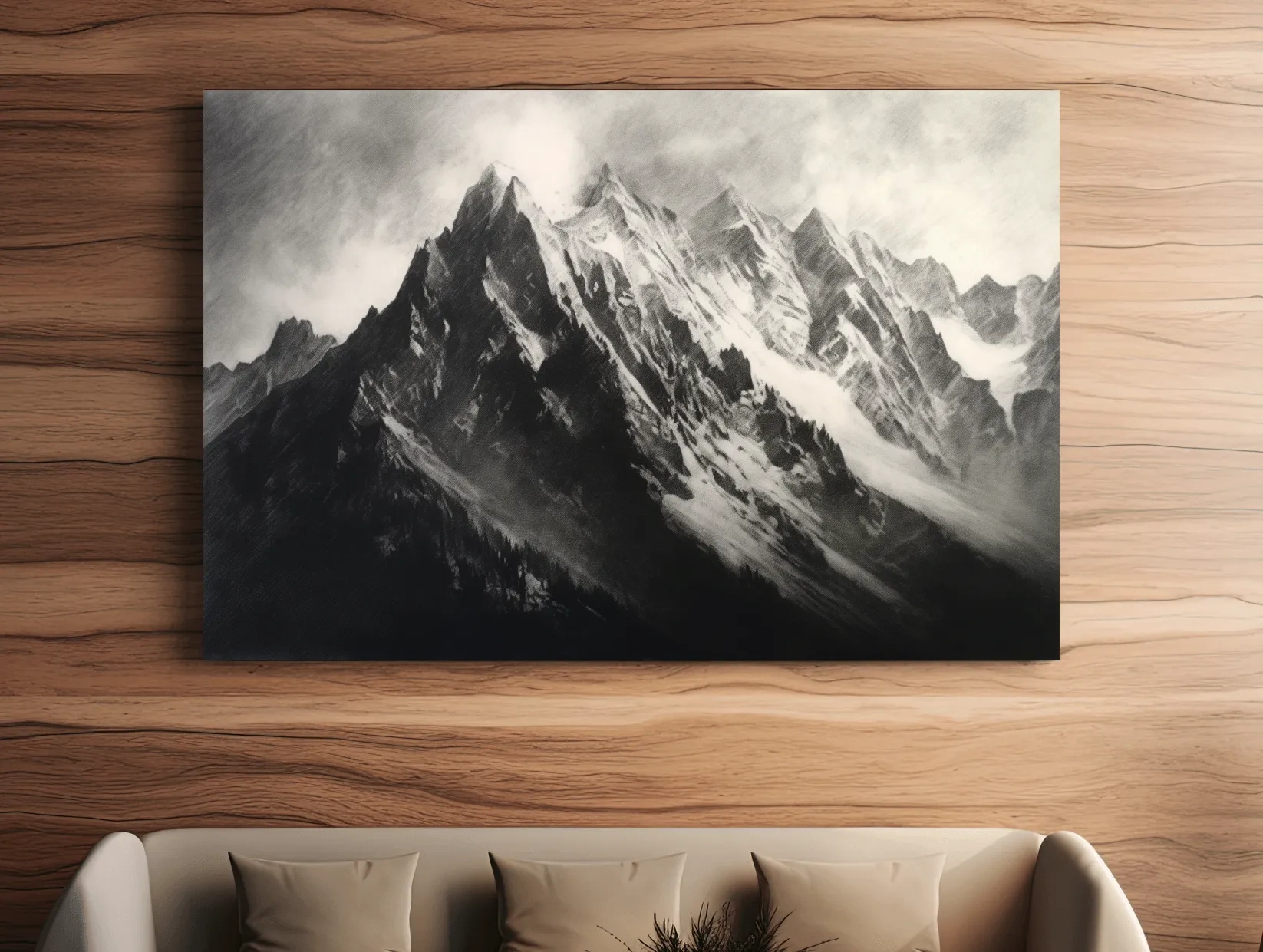 Moody Monochrome Snowy Mountain Peaks - Dramatic Charcoal Landscape Artwork