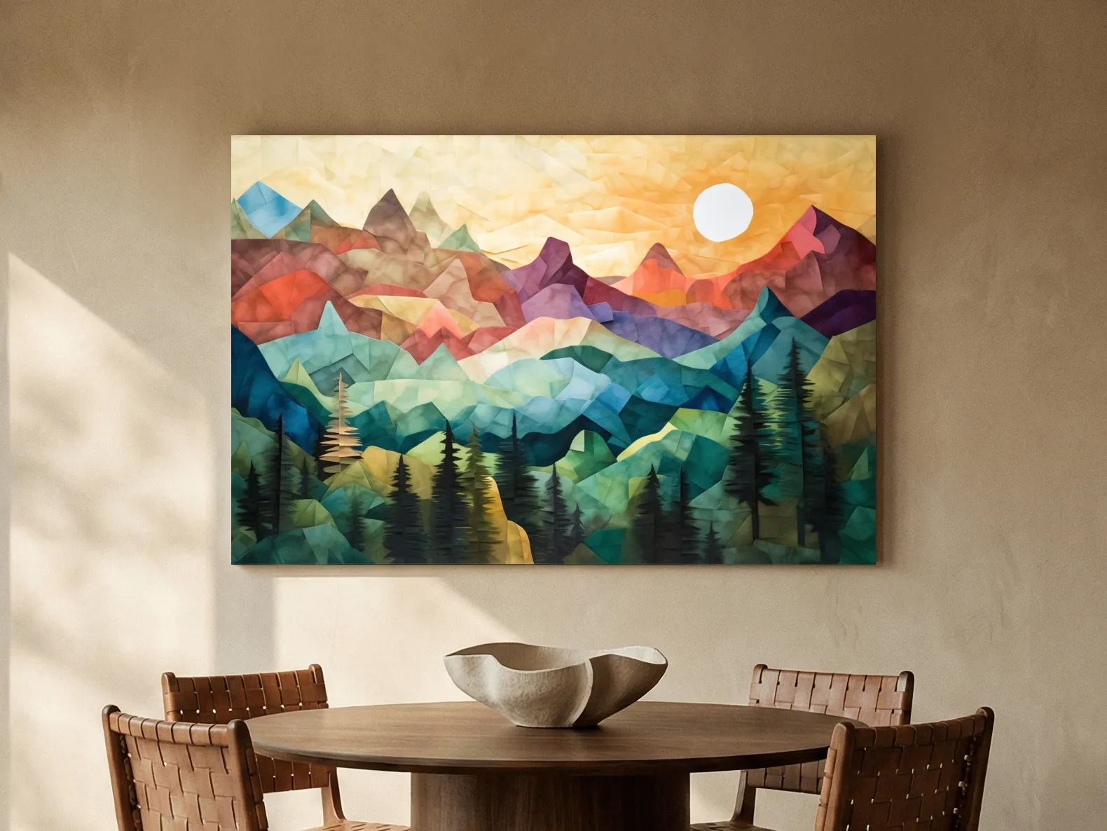 Abstract Sunset Mountain Canvas - Vibrant Patchwork Mosaic Art