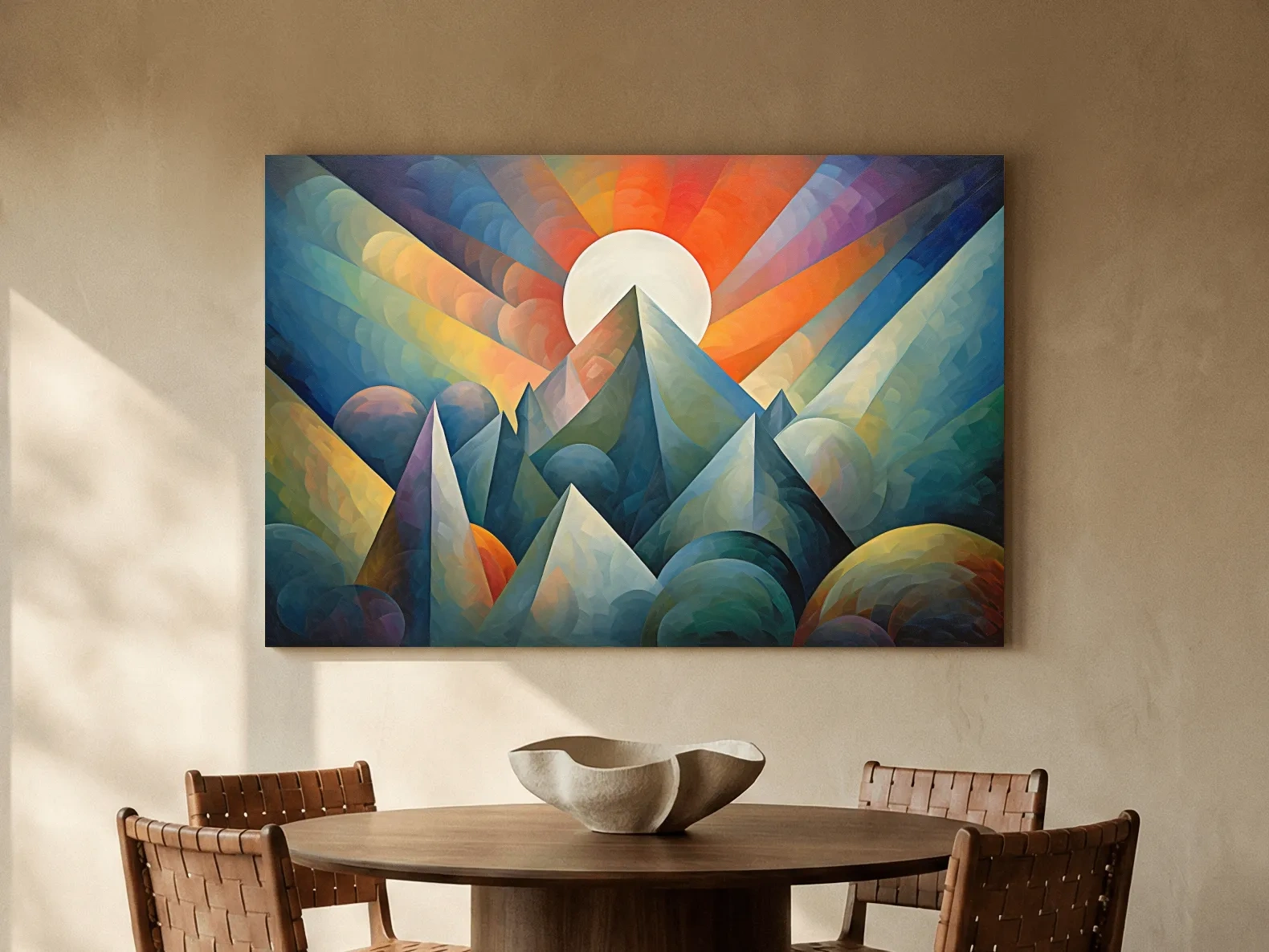 Vibrant Mountain Sunrise Painting - Abstract Alpine Landscape Wall Art