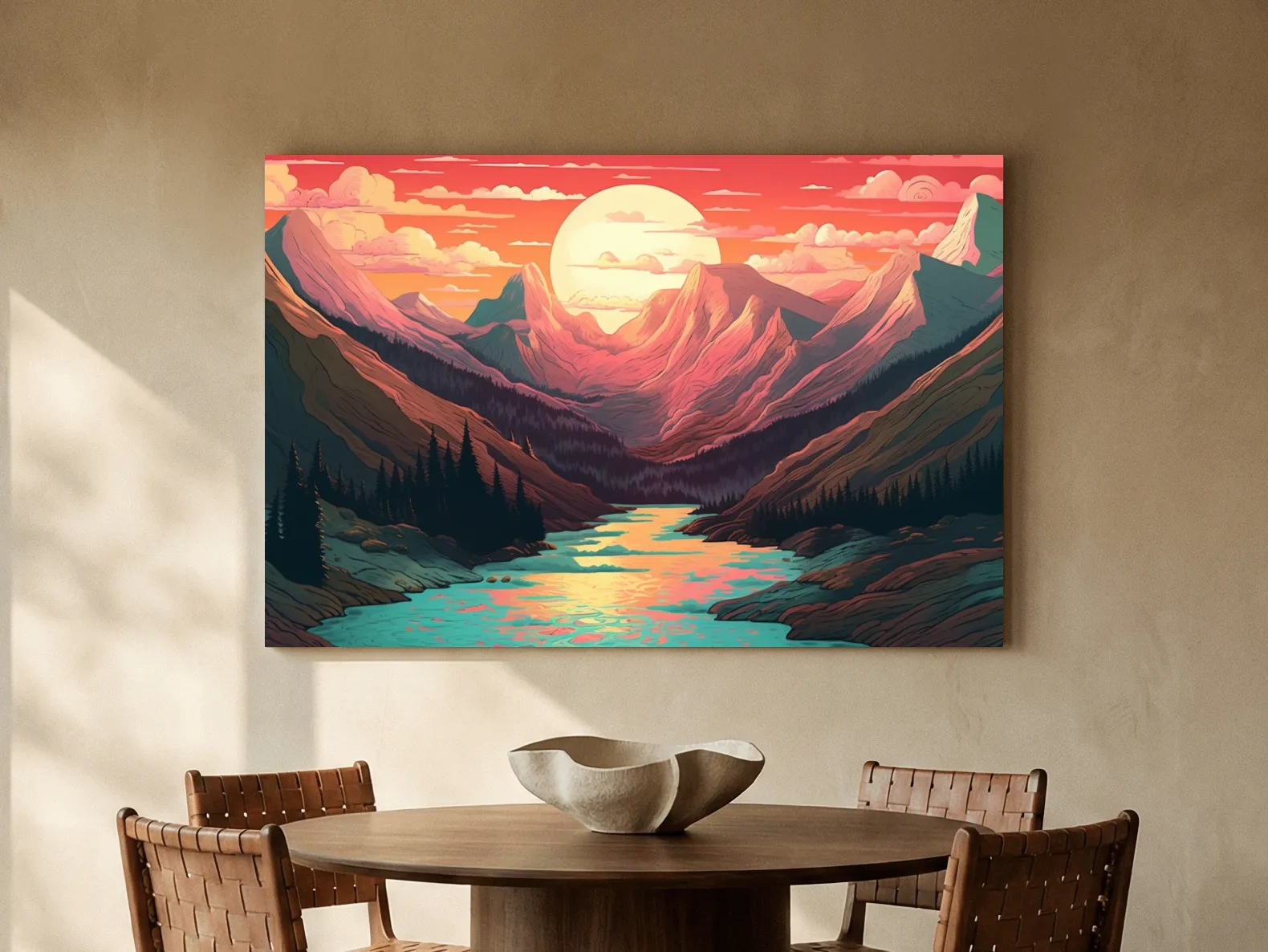 Vibrant Sunset Mountain Valley Illustration - Retro Landscape Wall Art