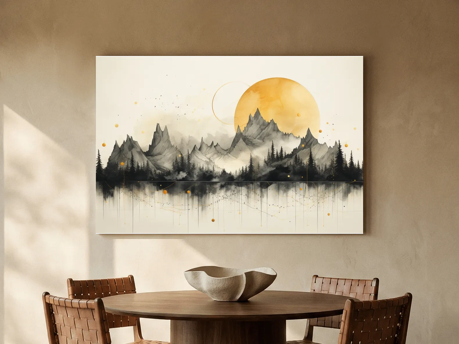 Golden Sun Abstract Mountain Range - Minimalist Watercolor Landscape Wall Art