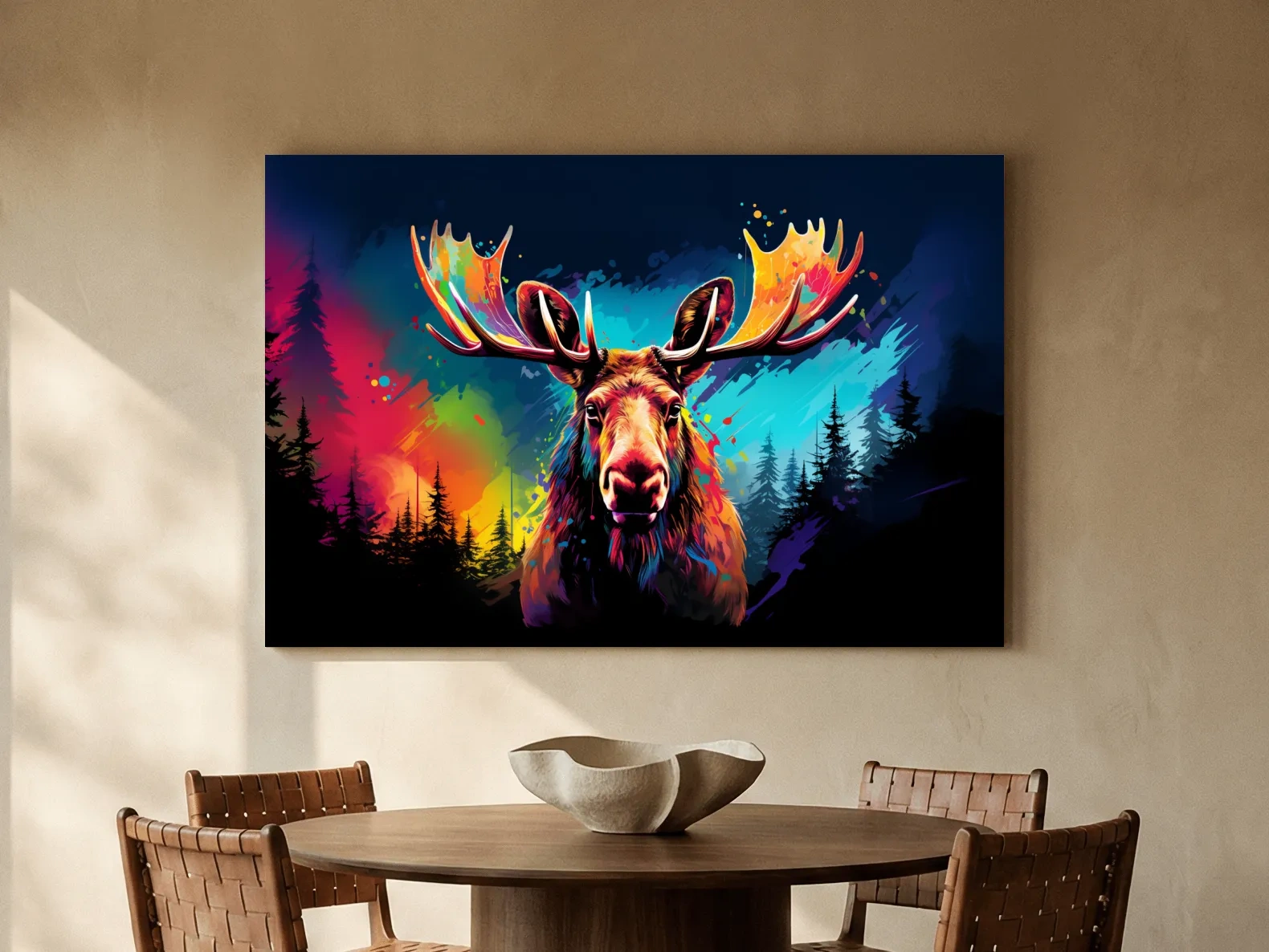 Vibrant Abstract Retro Moose Portrait - Colorful Splash Paint Wildlife Wall Art