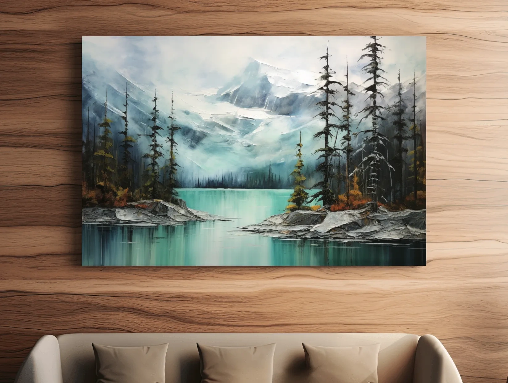 Misty Turquoise Mountain Lake Painting - Serene Alpine Forest Landscape Wall Art