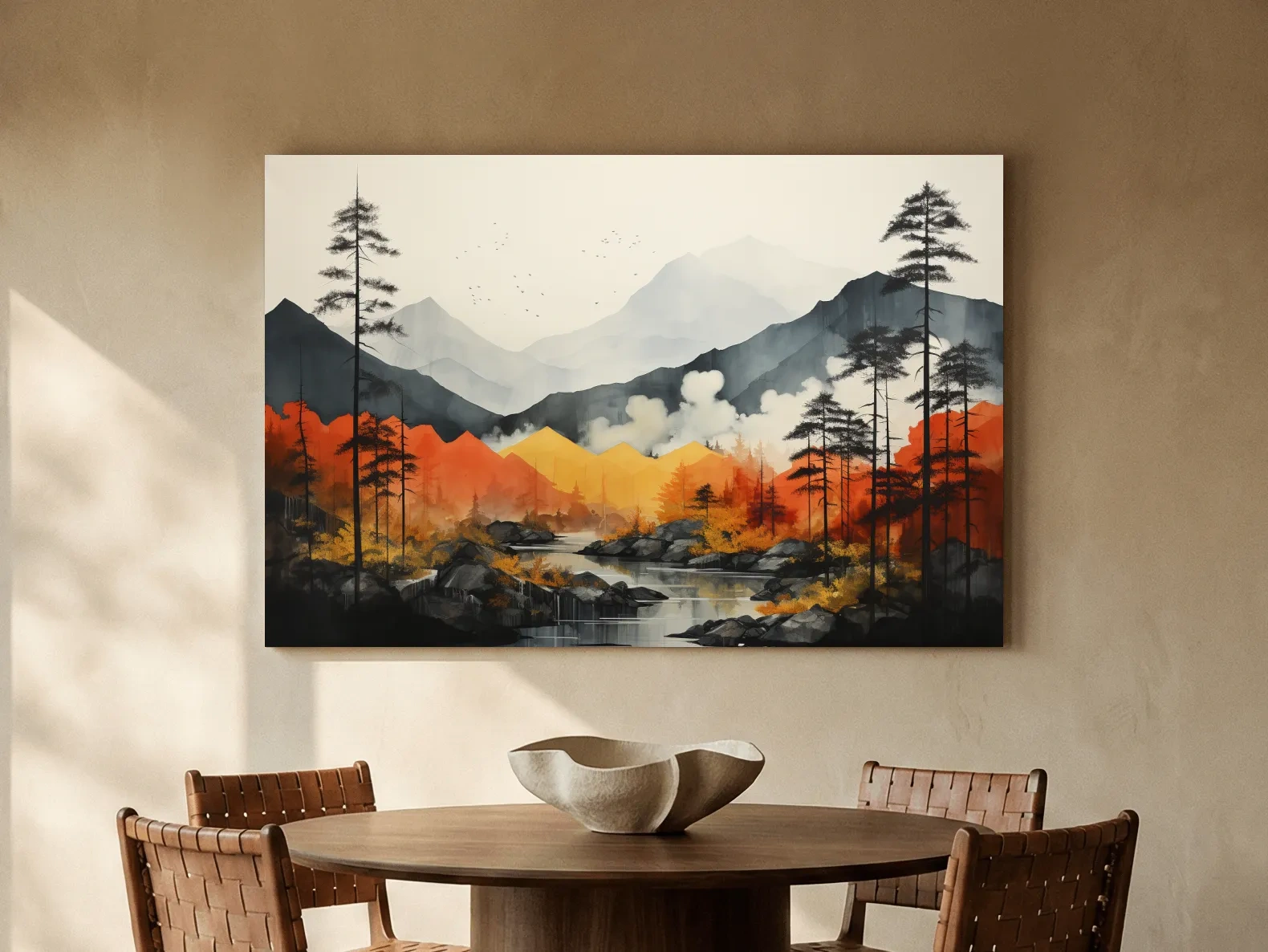 Surreal Mountain Lake Landscape - Autumn Forest Watercolor Wall Art