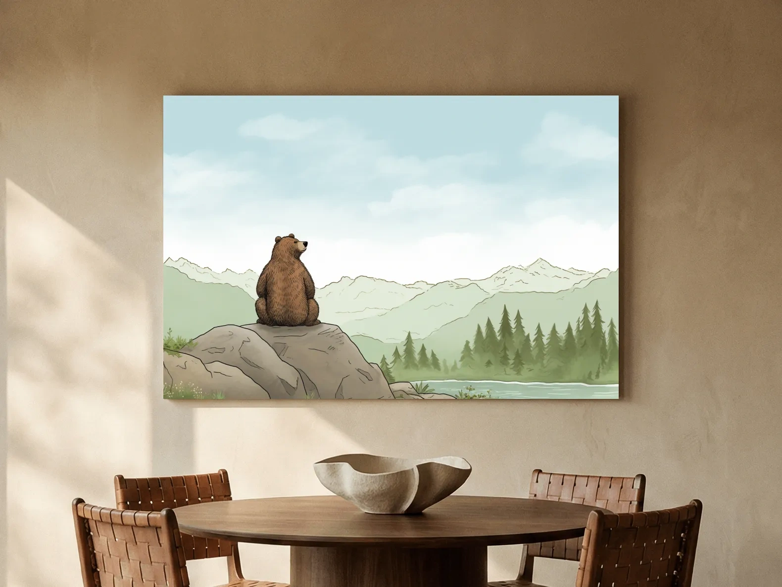 Whimsical Bear Overlooking Mountains - Cute Illustrated Nursery Wall Art