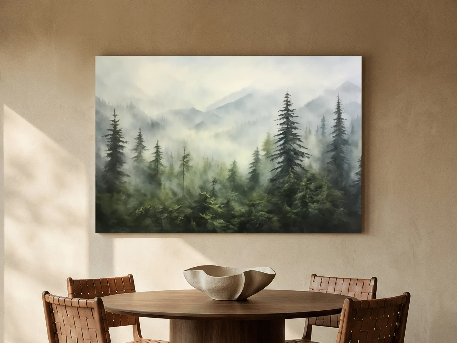 Misty Evergreen Forest Mountains Watercolor - Serene Foggy Landscape Artwork