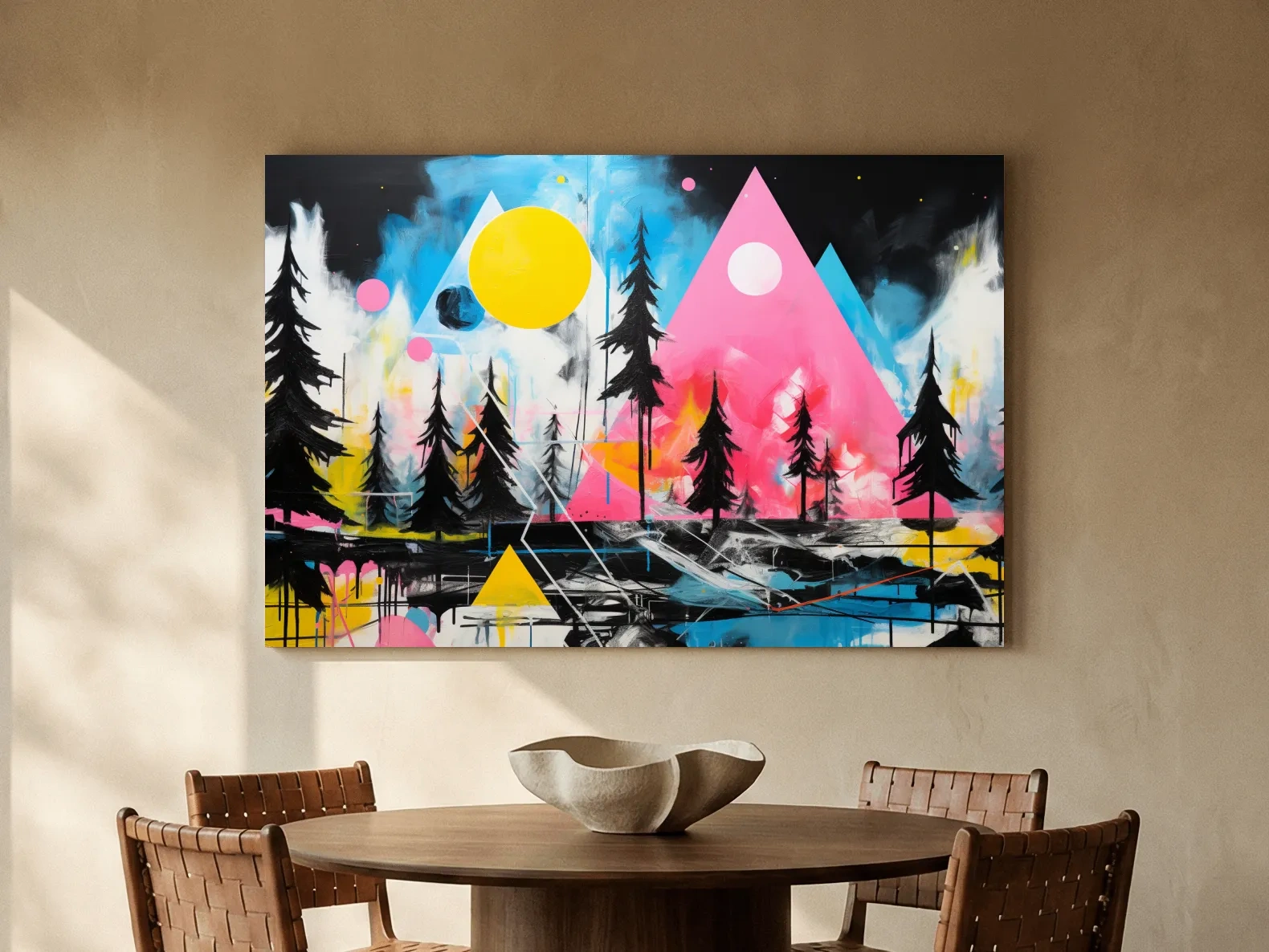 Abstract acrylic painting, mountain shapes and trees