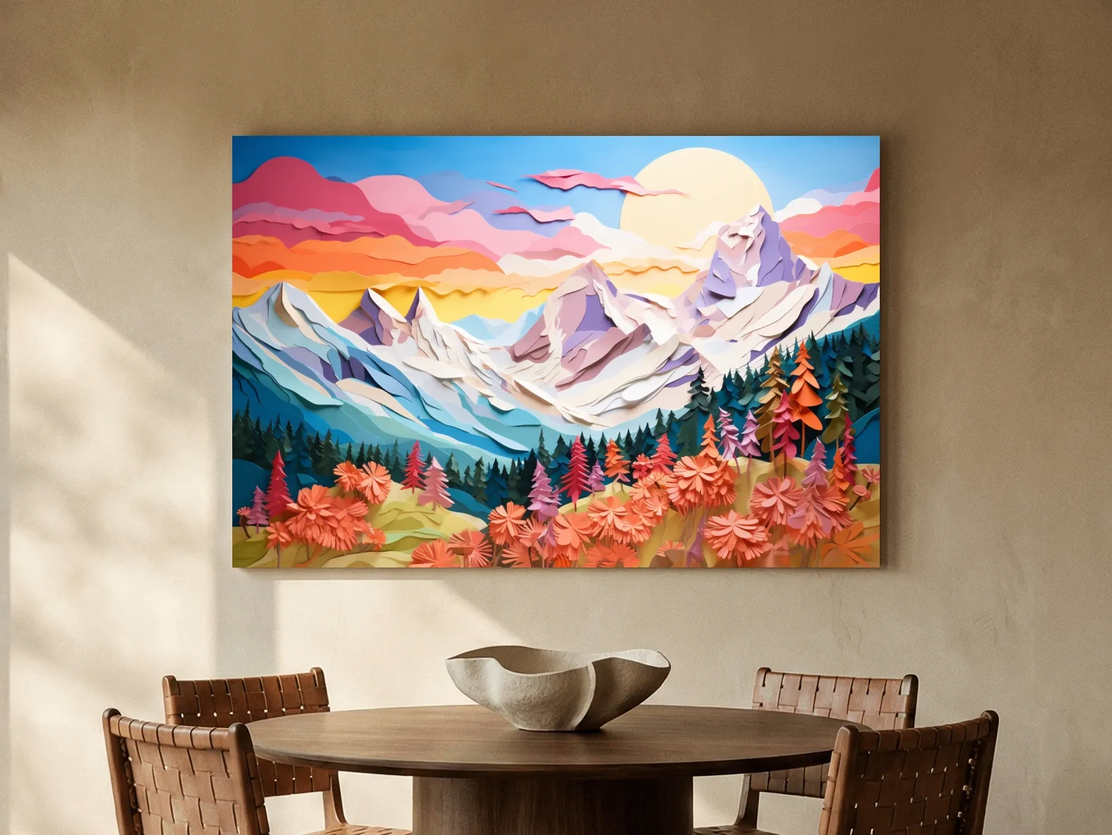 Faux Paper Cut Mountain Sunrise Landscape - Colorful Alpine Meadows Wall Art Print