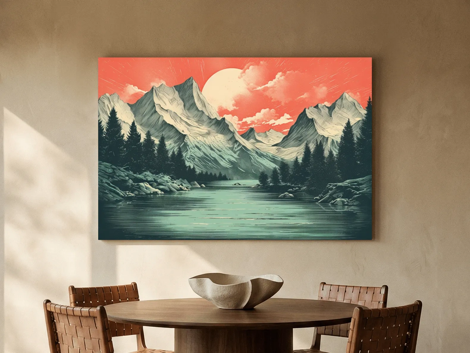 Retro Alpine Mountain Lake Sunset - Vintage Risograph Landscape Wall Art