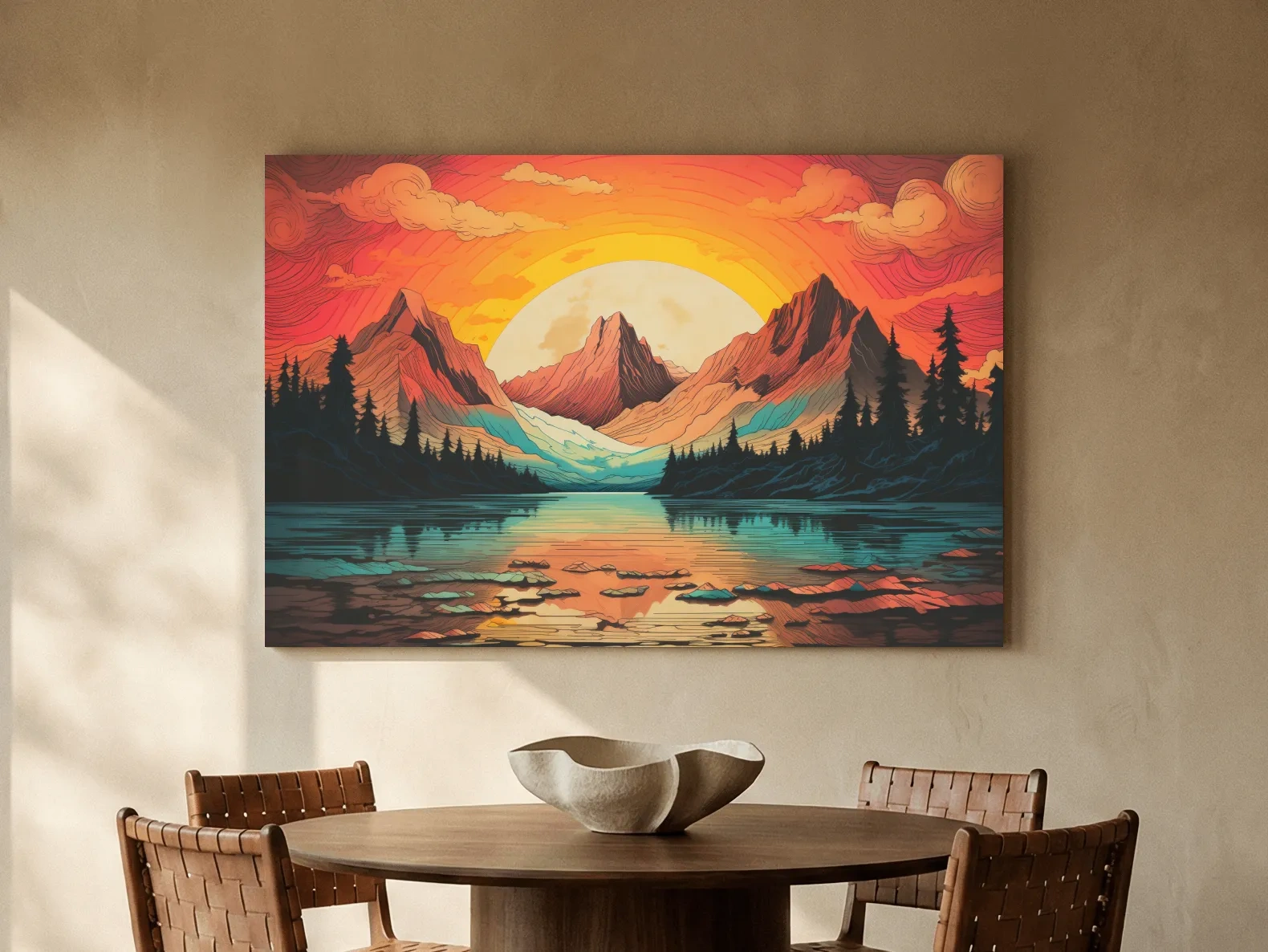 Vibrant Retro Alpine Lake Sunset - Stylized Mountain Wall Art