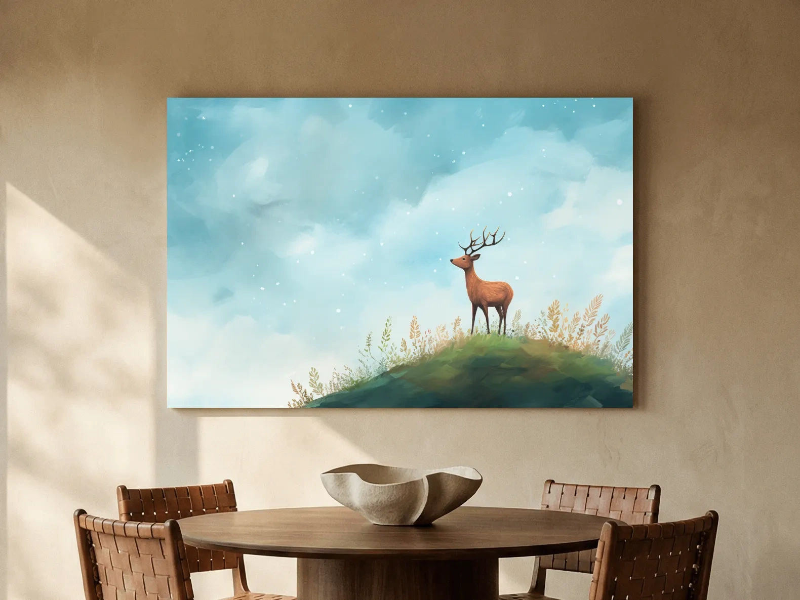 Whimsical Watercolor Stag On Meadow Hill - Nursery Woodland Wildlife Wall Art