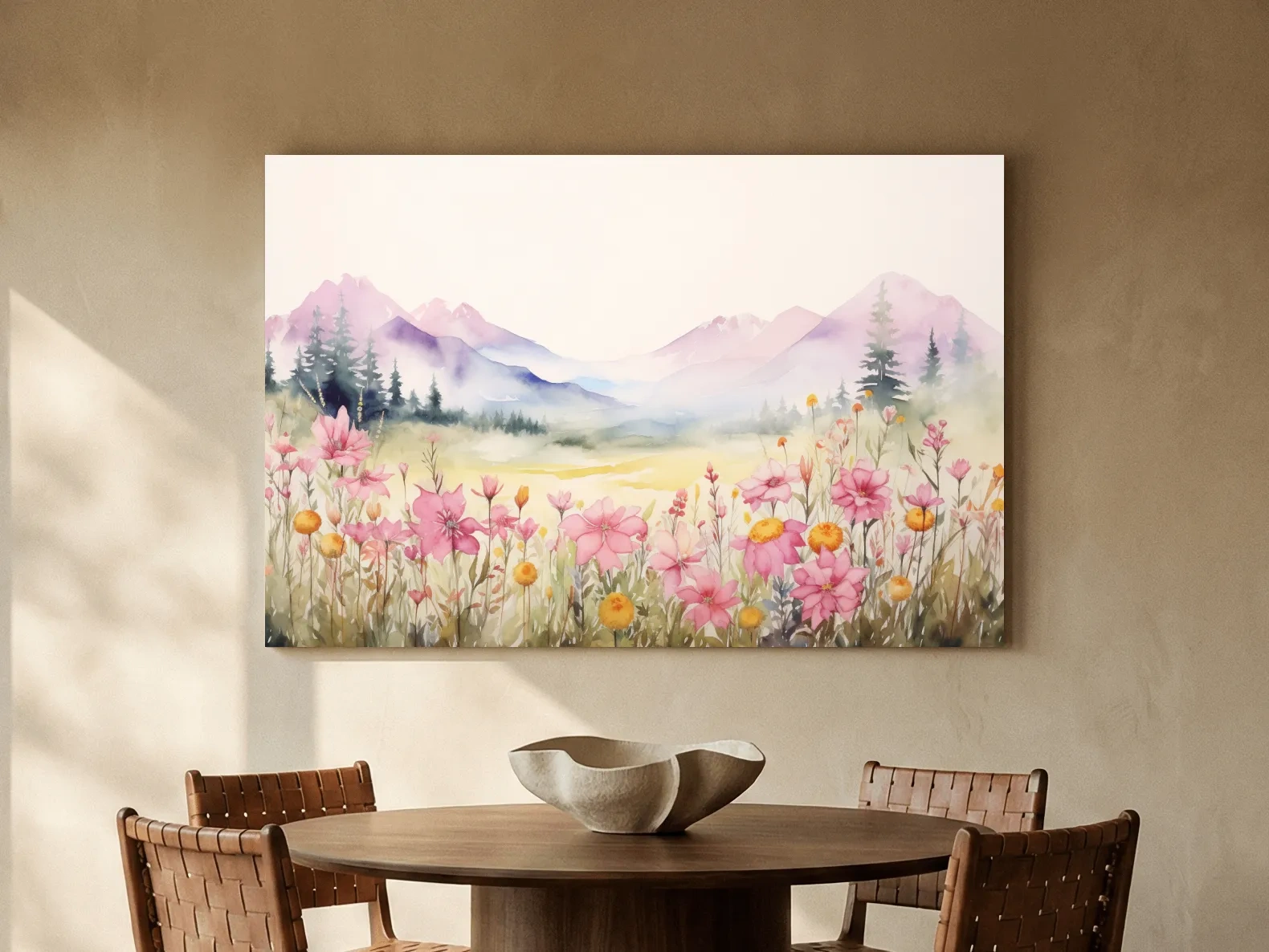 Pastel Wildflower Meadow Mountains Watercolor - Serene Alpine Wall Art