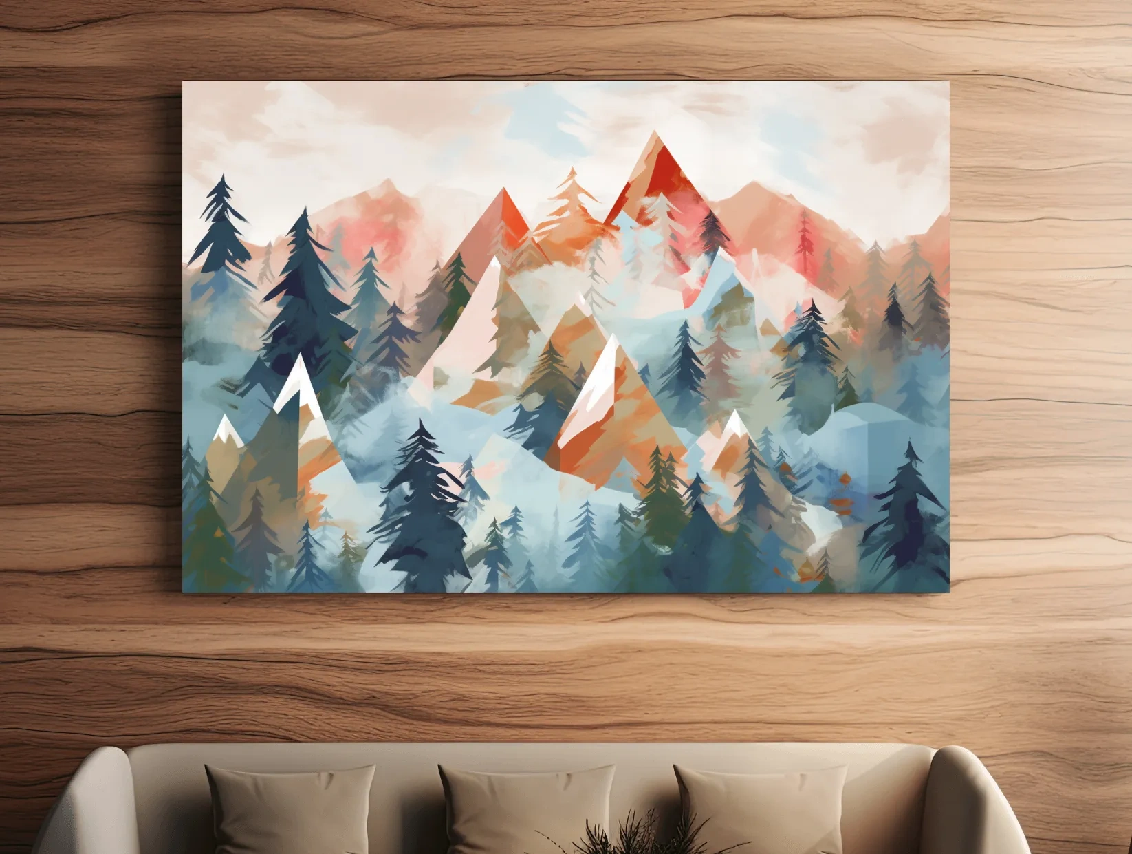 Pastel geometic alpine forest mountain painting