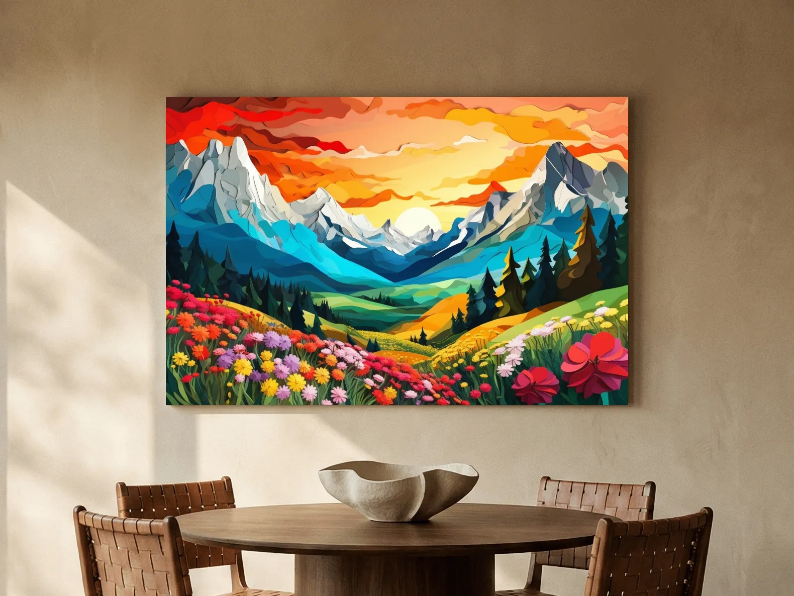 Vibrant Wildflower Mountain Valley Sunset - Colorful Paper Cutout Style Wall Art