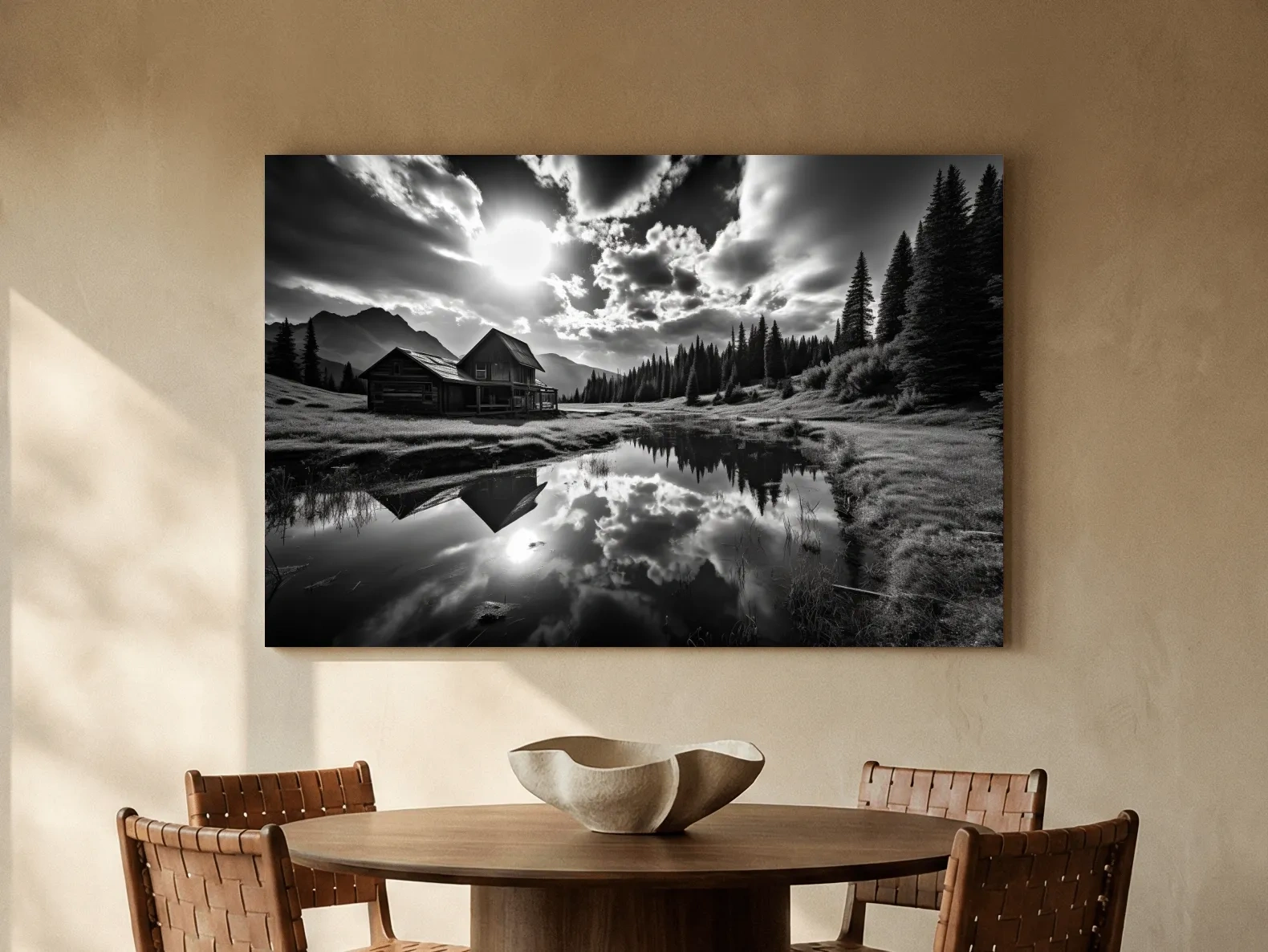 Moody Black And White Mountain Cabin Reflection - Dramatic Alpine Landscape Photography Wall Art