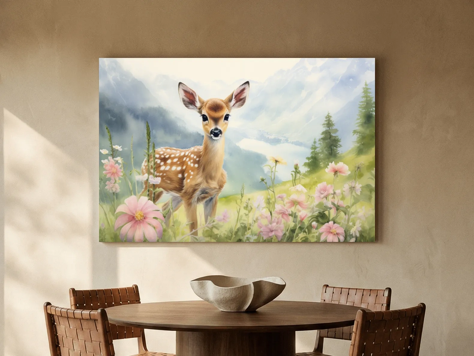 Watercolor Fawn In Wildflowers - Pastel Alpine Meadow Nursery Wall Art