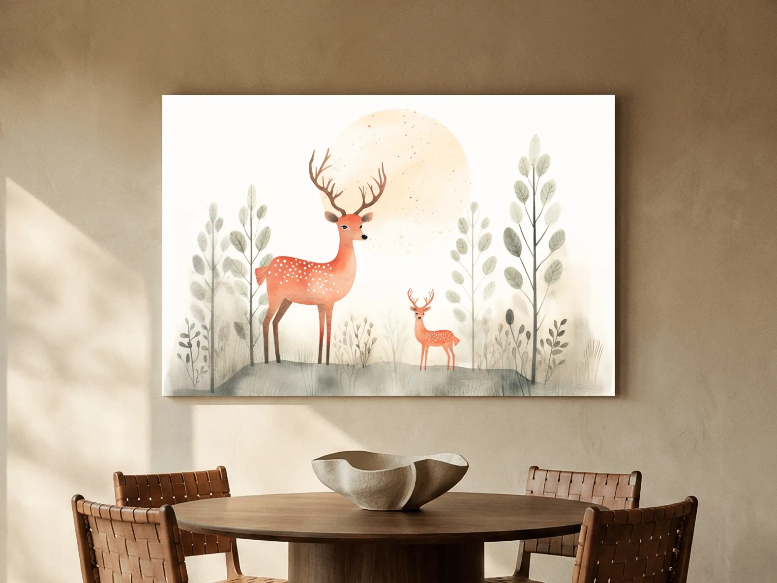 Whimsical Watercolor Deer Family Illustration - Scandinavian Nursery Forest Wall Art