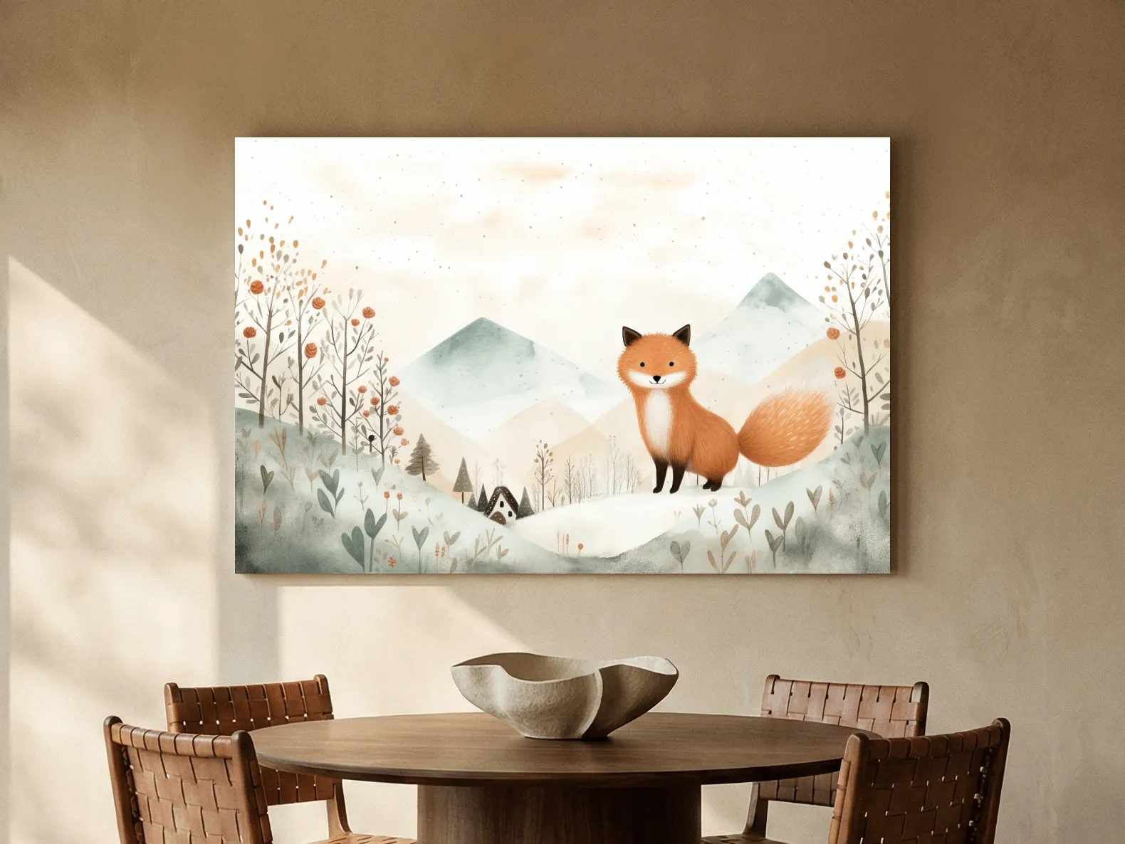 Whimsical Watercolor Fox In Pastel Mountains - Cute Nursery Animal Wall Art