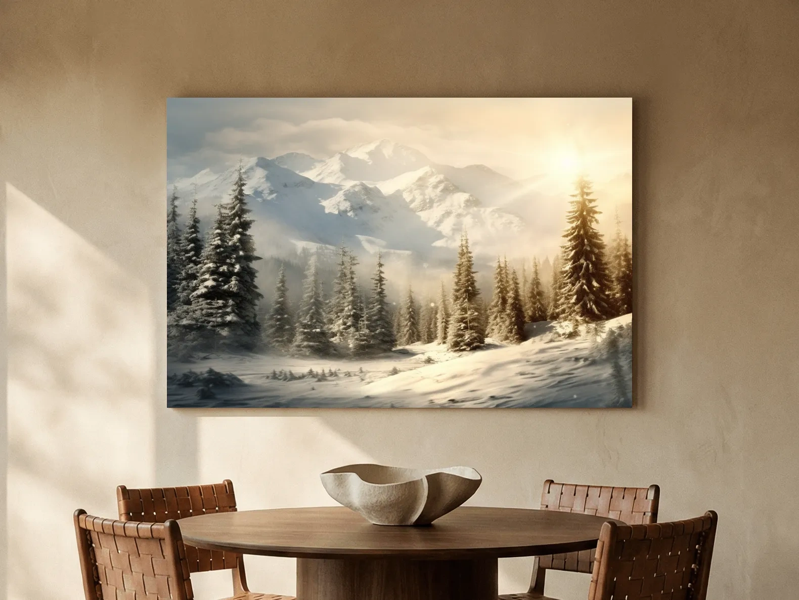 Golden Sunrise Snowy Mountain Landscape - Serene Winter Pine Forest Wall Art