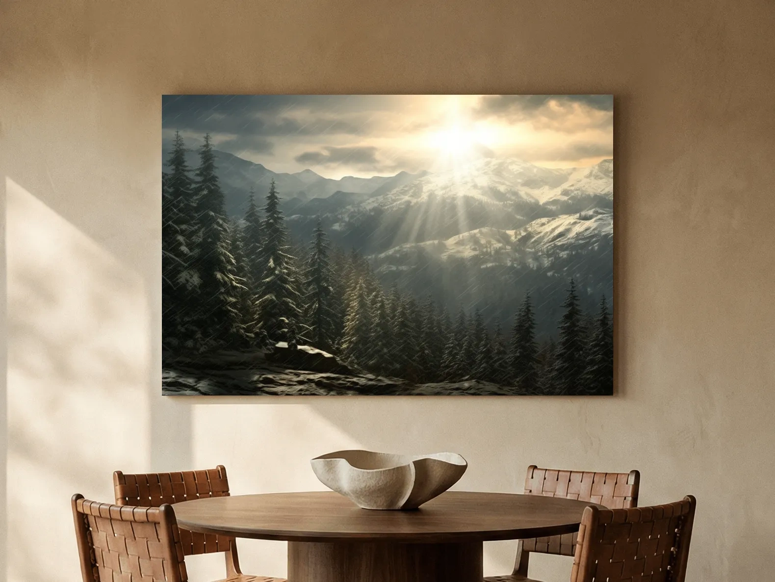 Mountain Snowstorm Sunrise Over Pine Forest - Dramatic Winter Landscape Artwork