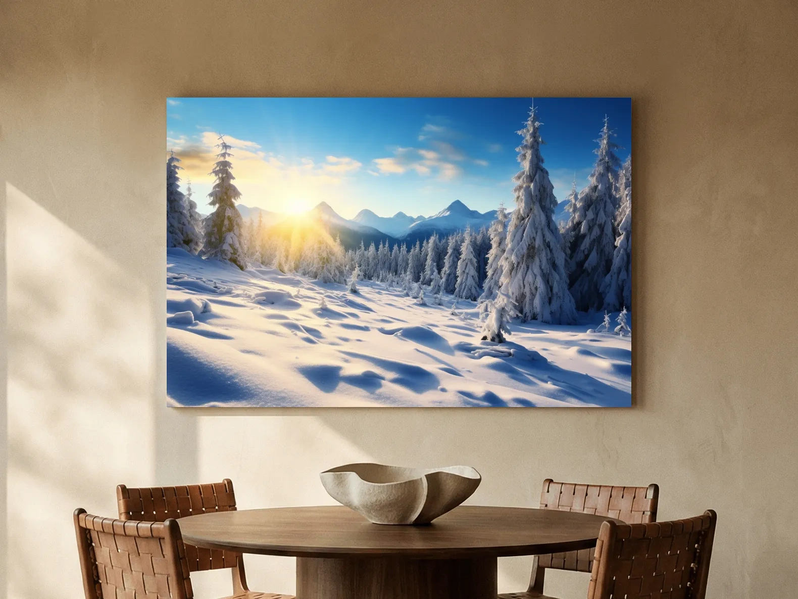Snowy Sunrise Alpine Forest Landscape - Serene Photographic Nature Wall Art