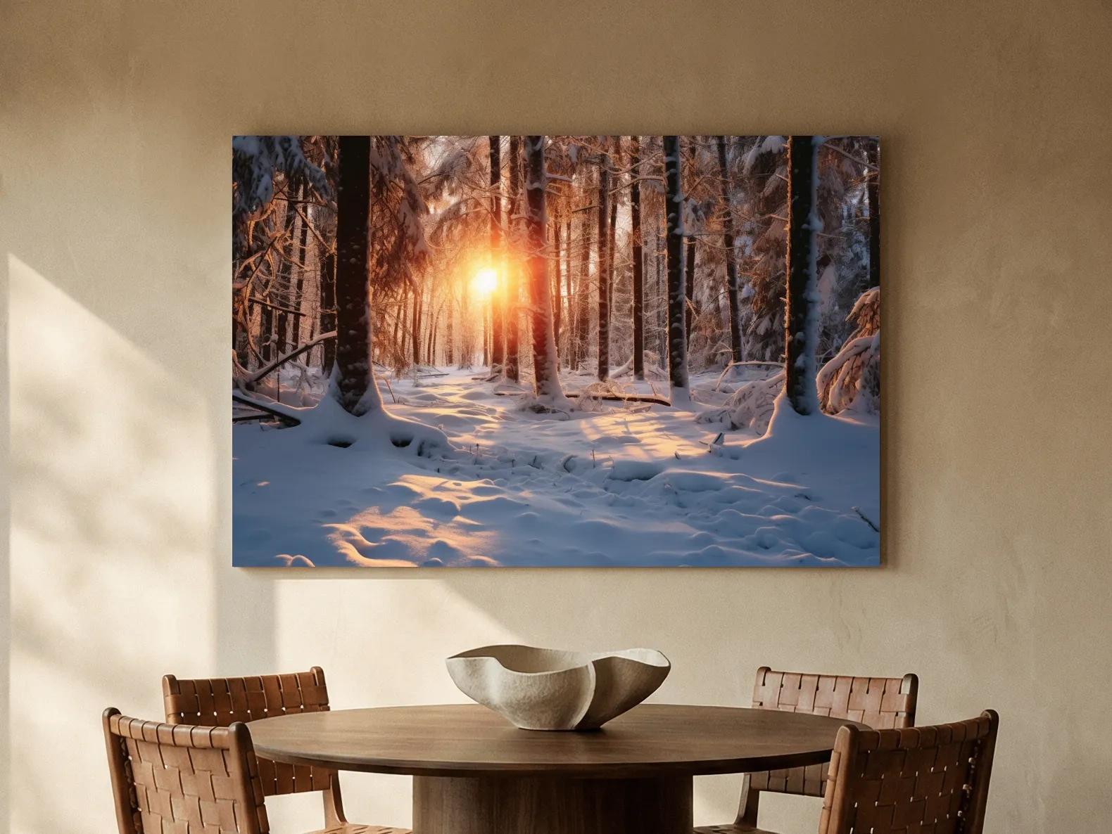 Golden Winter Sunrise Snowy Forest - Serene Nature Landscape Wall Art