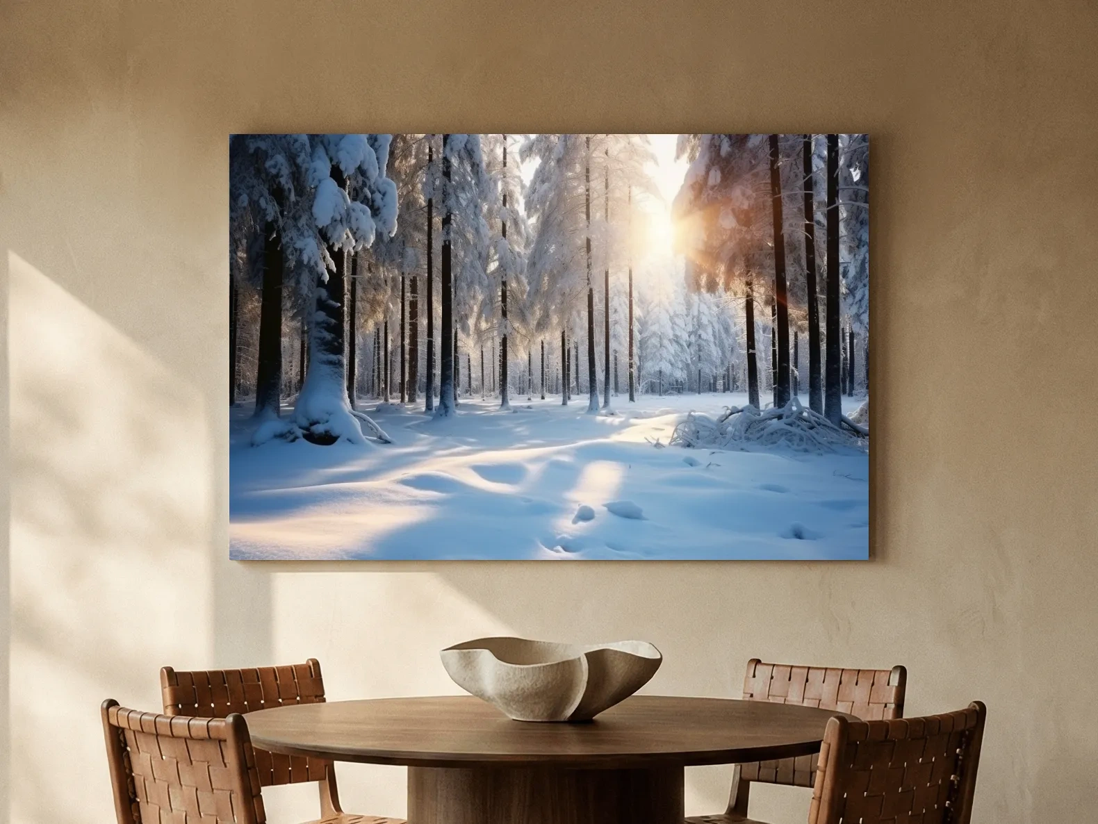 Sunlit Snowy Pine Forest Landscape - Serene Winter Nature Wall Art
