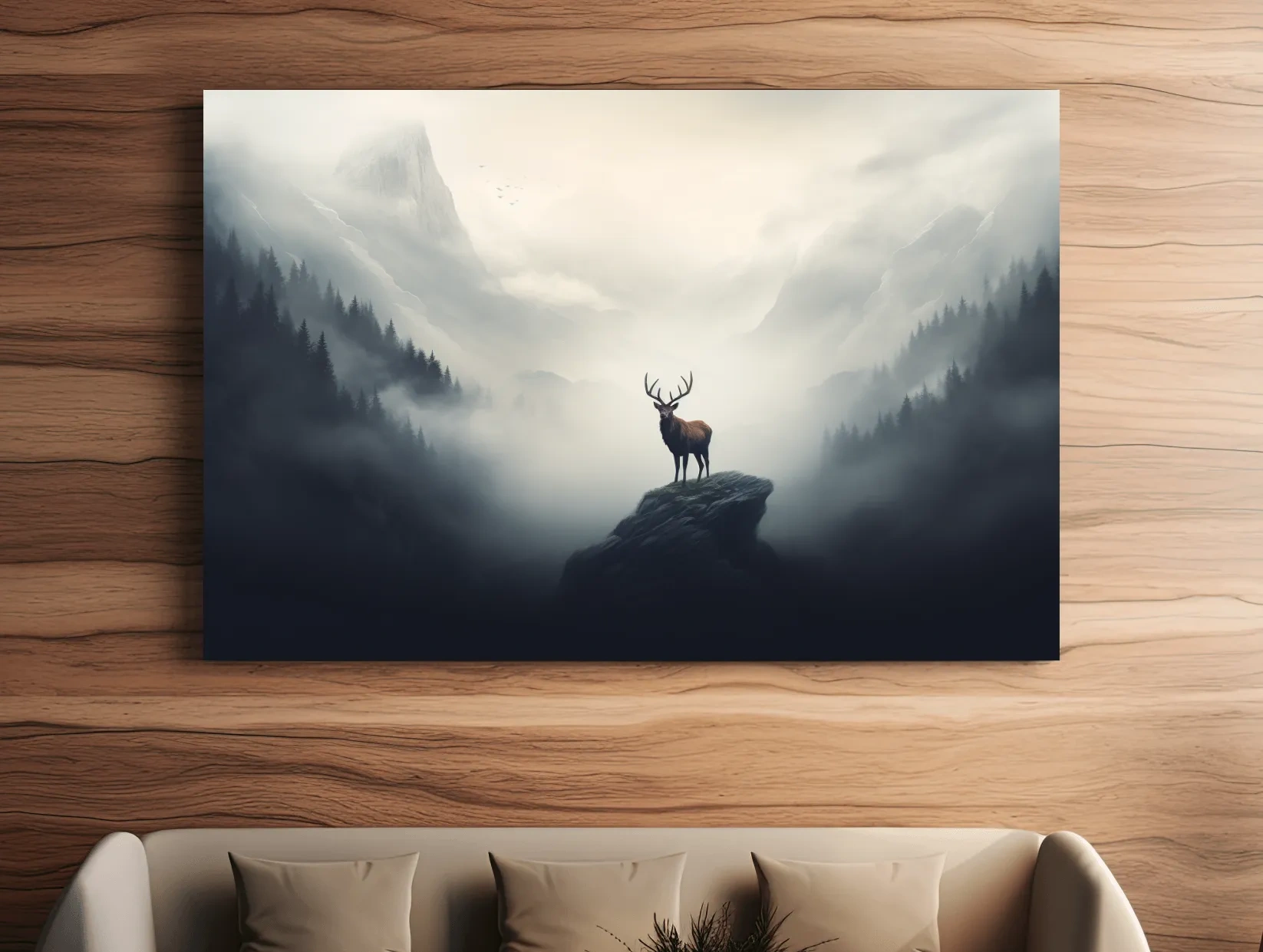 Majestic Stag On Rocky Peak - Misty Mountain Forest Wall Art